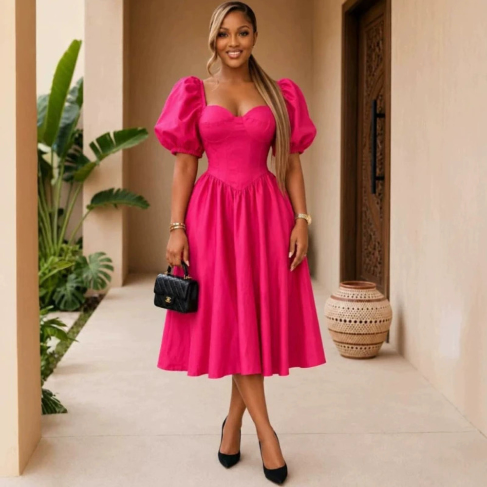 ZARA African chic short puff sleeve high waist cinched long gown - Picture 6 of 6